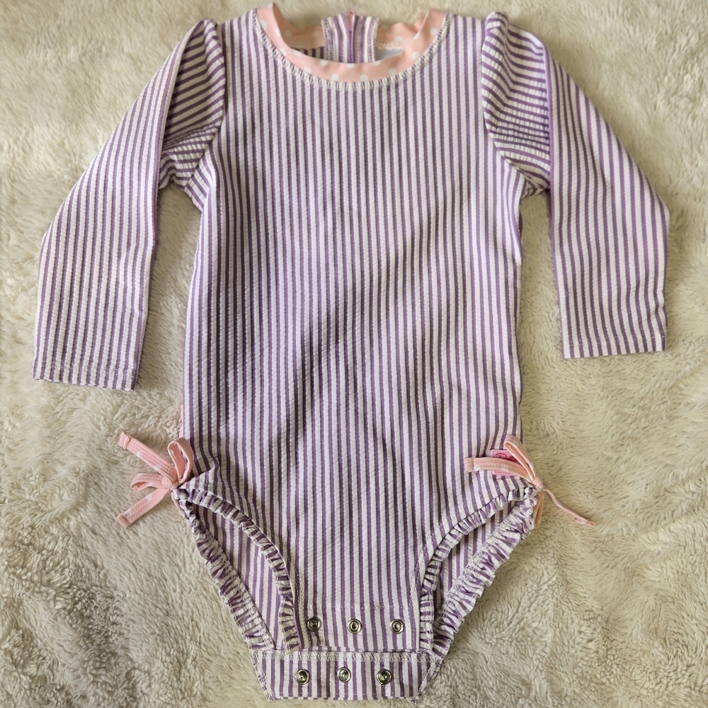 RuffleButts Striped Purple and Pink Kids One Piece sz 18-24mo NWOT